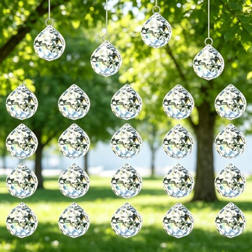 24 Piezas Atrapasol Cristal, Prisma Bola Cristal 30 mm para Colgar Vidrio Transparente con Hilo, Decoración Ventana para Boda Jardín Hogar Lámpara DIY (24)