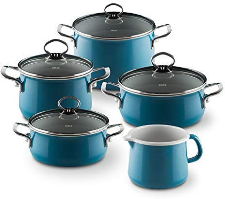 Riess, 0584-010, Familien-Set 5tlg., AQUAMARIN, Emaille, Made in Österreich, LBH: 48,5x39,0x28,5cm, 7,740kg, Kanne mit Henkel, Deckel, Induktionskocher kompatibel, Gasherd geeignet, Ofenfest