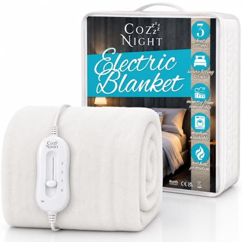 Cozy Night Single Electric Blanket, Size 90 x 192cm, Soft Fitted Underblanket Mattress Cover, Quick Fit Corner Straps, 3 x Heat Settings, 70W Control and Machine Washable