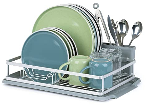 LIVIVO Aluminium Dish Drainer Crockery Cutlery Dish Drying Rack with Removable Drip Tray Utensils Cutlery Holder Draining Board – Great for Kitchen Countertop Plates Cups Glasses Tidy Organiser Grey