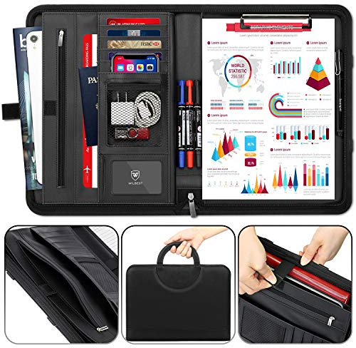 wilbest® A4 Schreibmappe, Multifunktions Ledermappe, Große Fächern für Tablet, Reißverschlussfach, Facheinschließlich Schreibbloc, 4 Kartenfächer, Faltbaren Magnetgriffen, Wasserdicht Dokumentenmappe