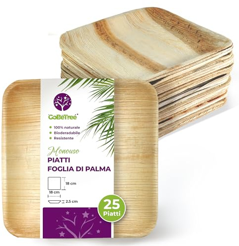 GoBeTree 25 Platos Desechables Hoja de Palma 18 cm Similar al Bambú. Platos Desechables Elegantes para Tapas, Aperitivos y Catering, Set Cuadrado Bonito con Hoja Resistente