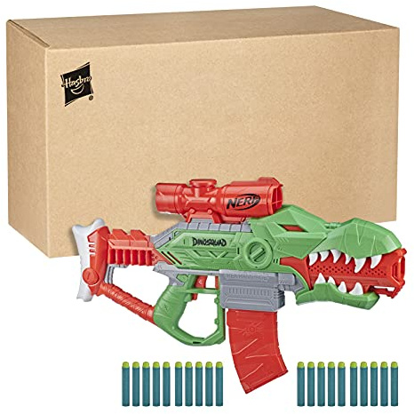 Hasbro DinoSquad Rex-Rampage motorisierter Blaster, 10-Dart Clip-Magazin, 20 Hasbro Darts, 10-Dart Aufbewahrung, T-Rex Dinosaurier Design, F0807
