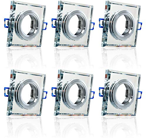 Maxkomfort 6x Glas Einbaustrahler + GU10 Fassung ECKIG Einbauspot Einbauleuchte Rahmen Rostfrei Deckenspot Strahler Spot 3108