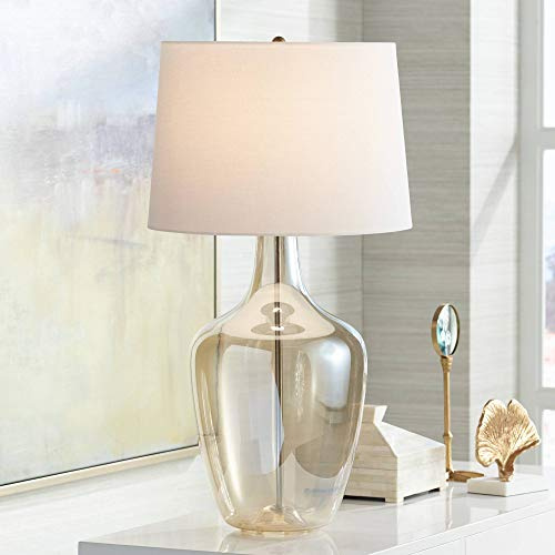 Possini Euro Design Ania Modern Table Lamp with USB Charging Port 31 Tall Clear Champagne Glass Off-White Tapered Drum Shade for Living Room Bedroom House Bedside Nightstand Office Entryway