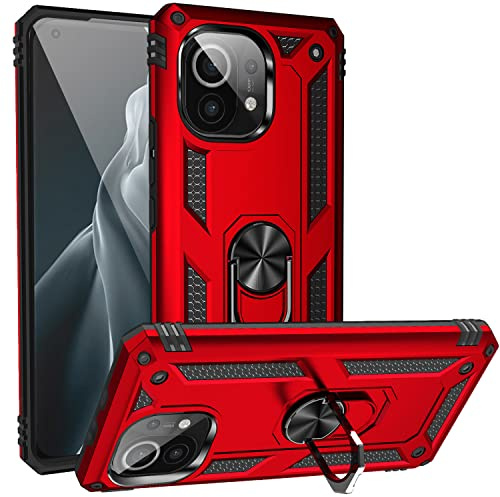 Fetrim Hülle für Xiaomi MI 11, stoßfest Schutzhülle mit Drehring Ständer für Xiaomi MI 11 Rot