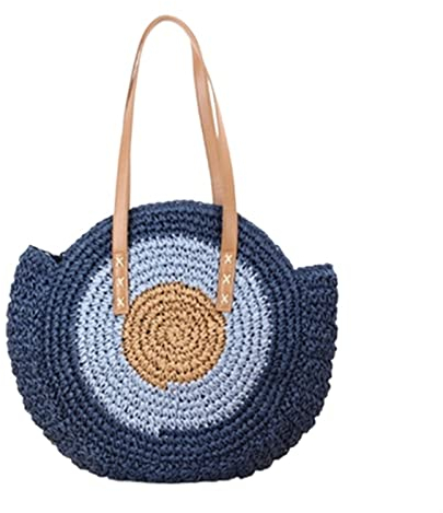 FJZFXKZL Strandtasche Stroh, Große Kapazität Umhängetasche Runde Handtasche Reißverschluss Modische Strohgewebe Tasche Handgemachte Sommerstrand Reise Urlaub Frauen Tote Strandtasche