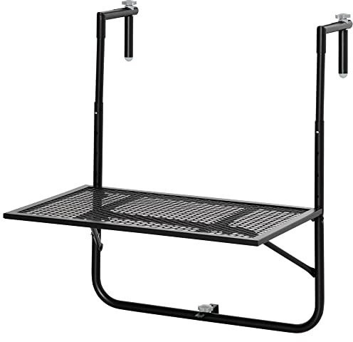 Outsunny Tavolo da Ringhiera Pieghevole in Metallo, Tavolino da Balcone con Altezza Regolabile per Ringhiere 3-11cm, 60x60x57-72cm, Nero
