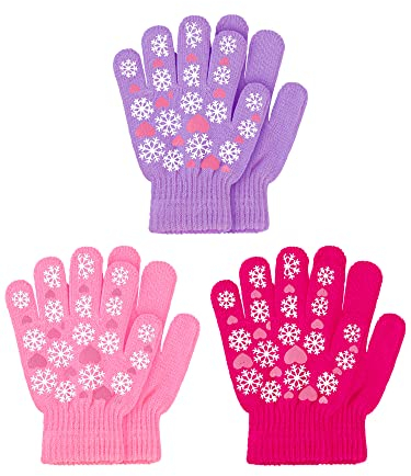 Geyoga 3 Paar Kinder Handschuhe Kleinkind Vollfinger Strickhandschuhe für 5-10 Jährig Kinder Mädchen (Lila, Rosa, Rosarot)