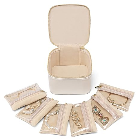Vlando Kleines Reise-Schmuckkästchen, Schmuck-Reise-Organizer mit 6 Schmuckbeuteln, Geschenke für Valentinstag, Geburtstag, Ohrringe, Halskette, Ringe, Aufbewahrung, Geschenk-Box, Verpackung, Weiß
