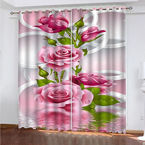 Blackout Curtains For Bedroom 117X137Cm Pink Rose In Water Pattern, Super Soft Thermal Insulated Blackout Eyelet Window Treatments, Blackout Curtains For Kids Room & Nursery, 2 Panels