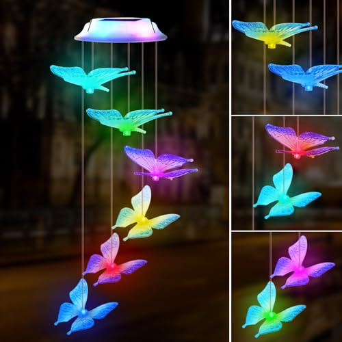 Solar Windspiel für Draußen, Solar Schmetterling Windspiel Licht Farbwechsel, Wasserdicht Windspiele für Garten, Solarbetriebenes Hängend Garten Deko Draußen, Geschenke für Frauen Geburtstag