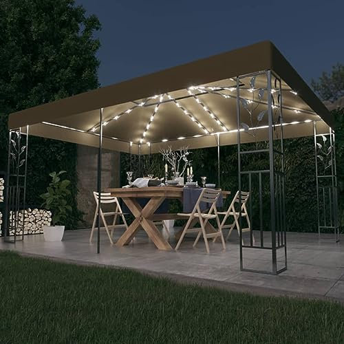 Festnight Cenador de Jardín con Luces LED Solar 4x3m, Pergolas De Jardin, Carpas De Jardin, Carpas para Exteriores,para Fiesta Eventos Barbacoa Gris Taupe
