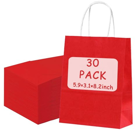 POPOYU 30 kleine Geschenktüten mit Griffen, rot, Papiertüten 15 x 8 x 21 cm, recycelbar, Geschenktüten für Kinderparty, Babyparty, Geburtstag, Hochzeit, Weihnachtsbonbons