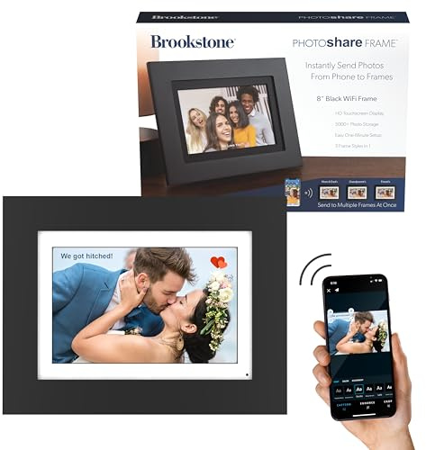 Brookstone 8” WiFi Digital Photo Frame | Send Photo or Video from Phone to Digital Picture Frame with Free PhotoShare Frame v2 app | End-to-End Encryption | Quick Easy Setup | Black Wood
