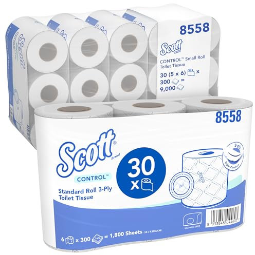 Scott Essential Toilettenpapier Standardgröße 8538, weißes 2-lagiges Klopapier, FSC-zertifiziert und aus recycelten Fasern, 36 Rollen x 320 Blatt, weiß (insg. 11.520 Blätter)