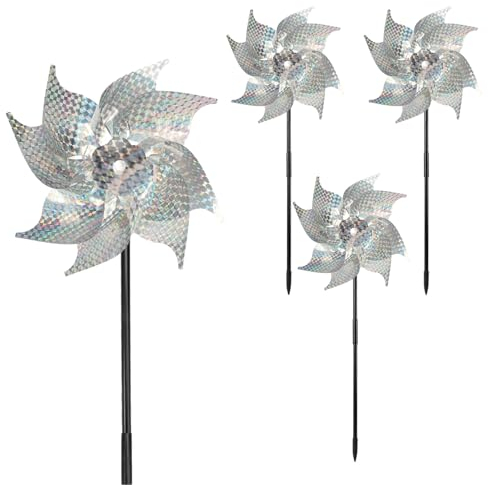 4 Pezzi Mulino a Vento Riflettente, Repellente per Uccelli Girandole, Girandole Riflettenti, Repellente per Uccelli Riflettente, per Frutteto, Balcone, Giardino, Cortile, Uccelli, Esterni (Argento)