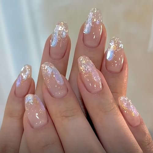 Bzzerumy Bling Coffin Press on Nails Fake Nails Tips Full Cover Medium False Gradient Nails für Frauen und Mädchen 24PCS (Nude rhinestones with bling)