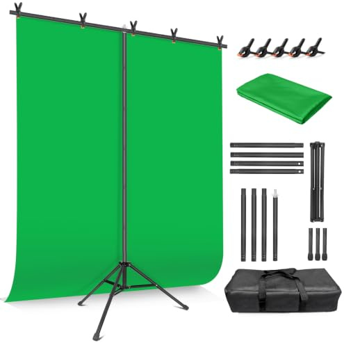JEBUTU Greenscreen mit Ständer, 1,5 m x 2,1 m Grün Hintergrund mit Ständer | Verstellbarer, mit 5 Federklemmen & Tragetasche | Hintergrundsystem für Chroma Key, Streaming, Gaming, YouTube