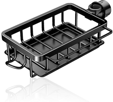 Baxnore Küchenarmatur Organizer aus Aluminium, Hängendes Wasserhahn-Ablaufregal mit Abtropfschale, Schwammhalter für Küchenspüle, Abflussregal für Küche (Schwarz)