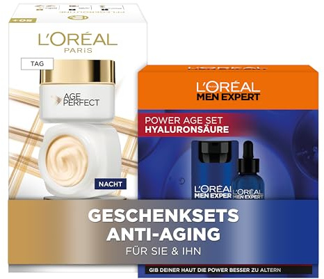 L'Oréal Paris Pflegesets für sie & ihn, Gesichtspflege-Sets mit 2x Gesichtscreme, Nachtcreme und Serum, Anti-Aging Geschenke für Damen und Herren, Age Perfect Pro-Kollagen Experte, Power Age, 4-teilig
