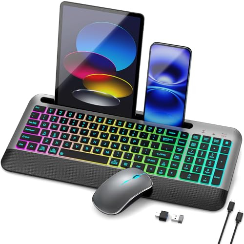 JOYACCESS Combo de teclado y mouse inalámbricos retroiluminados, teclado compacto y silencioso con mouse RGB, recargable, teclado inalámbrico portátil para Mac, Windows, laptop (gris espacial)