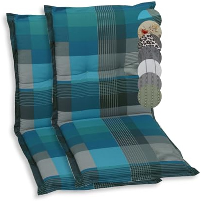 GO-DE Textil Bequeme und attraktive Polsterauflagen für Niederlehner-Gartenstühle (2er-Set, Karo Petrol/Grau, Niederlehner)