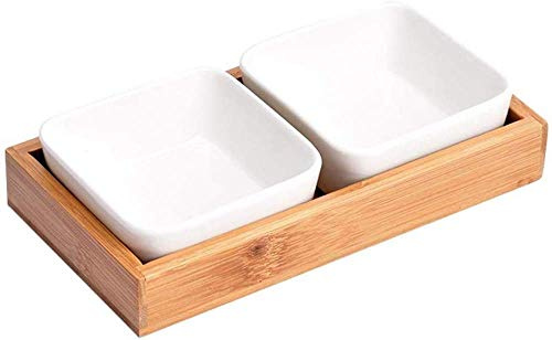 ZHZXBDGQ Snack Bowls Ceramic Tray Bamboo Sauce Dish Fashion Crockery with Bamboo Tray, Birthday Parties, Weddings, Barbecues, Ideal for Dips, Appetisers & Snacks-2 grids