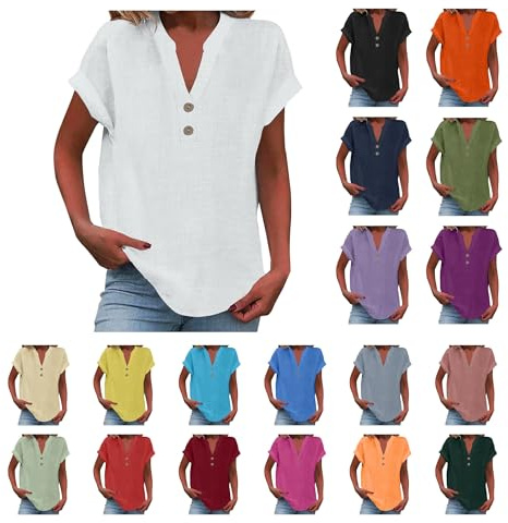 RLEHJN Chemise Femme Coton Et Lin Chemises Lin Manches Courtes Col V Boutonné Top Henley Chemisier Couleur Uni Lâche Respirant T-Shirts Tunique Femmes Chic Et Elegant Tuniques Grande Taille Pas Cher