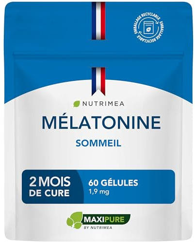 Melatonine | 1,9 mg | Régule l'Horloge Biologique & Limite le Jetlag | Nutrimea | 60 Gélules Vegan | Fabriqué en France