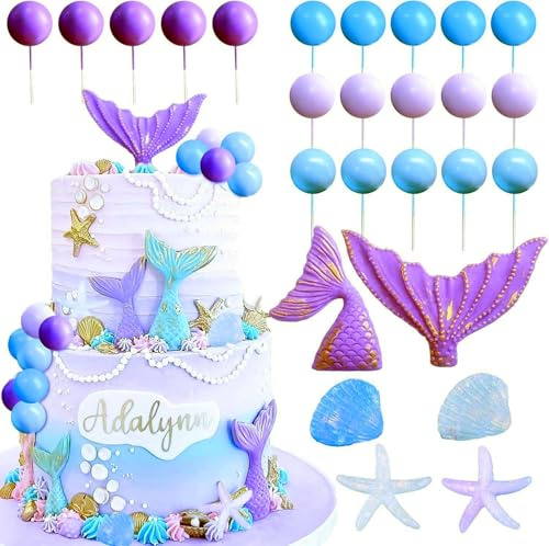 Meerjungfrau Tortendeko 26,Unterwasser Kuchen Dekoration mit Muscheln,Meerjungfrau Schwanz & Luftballon Cake Topper,Deko für Geburtstagsfeiern,Kuchen Deko für Geburtstag,Motto Party