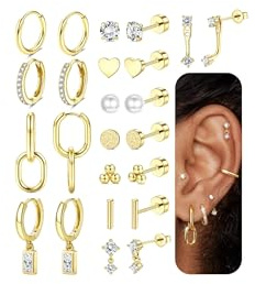 FIOROYAL 12 Paar Ohrringe Gold Set für Damen Chirurgenstahl Ohrringe Klein Creolen Ohrstecker Cartilage Helix Piercing Ohr Hypoallergene Gold/Silber Medizinische Ohrringe Mehrfache Piercings Schmuck G