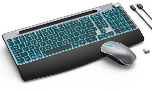 JOYACCESS Teclado y mouse retroiluminados, teclado ergonómico inalámbrico retroiluminado con soporte para teléfono, combo de teclado inalámbrico recargable con teclas iluminadas para laptop, PC, Mac