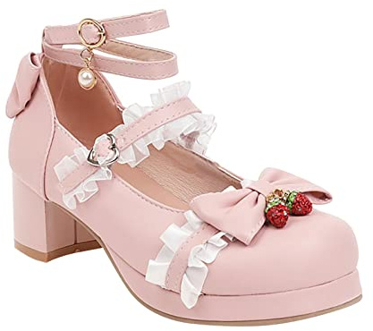 FGUUTYM Mary Jane Low Shoes with High Heel Girls Women Cute and Elegant Princess Shoes Dress Shoes Lace Bow Pearl Strawberry Cute Evening Shoes Wedding Shoes Festive Party, pink, 4 UK