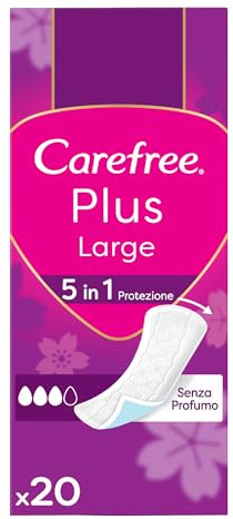 Carefree Salvaslip Plus Large Senza Profumo, Salva slip donna extra ampio con protezione 5in1 per 8h di sensazione di asciutto, Assorbenti senza profumo ultra sottili per uso quotidiano, 20 salvaslip