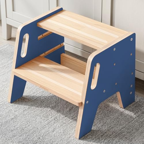 WINGYZ Tritthocker Kinder 2 Stufen aus Holz Zweistufiger Hocker mit 3 verstellbaren Höhen, 2 Griffen & Anti-Rutsch Pads, tragbar Kinderhocker für Badezimmer, Küche & Waschbecken ab 2 Jahren Dunkelblau