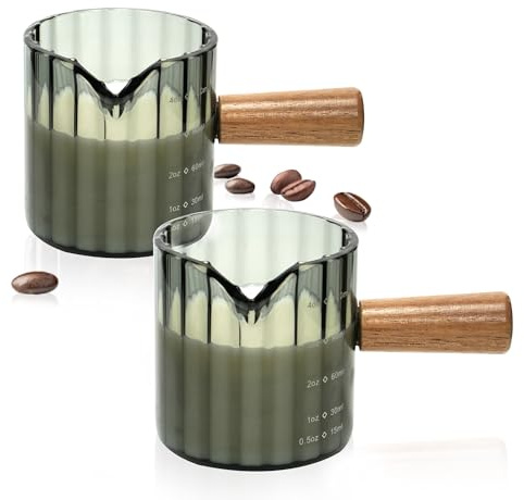 Steviieden Espresso Cups Set of 2, 4 OZ Espresso Shot Glass with Handle V-Shaped Mouth, Ribbed Milk Frothing Pitcher, Glass Measuring Cup,Cappuccino Cup, Coffee Bar Accessories (Gray)