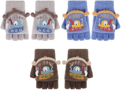 3 paia di guanti invernali per bambini senza dita con lembo caldo stretch peluche Digger guanti magici per ragazzi ragazze 6-12 anni