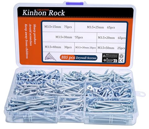 Kinhon Rock 335PCS Wood Screw Assortment Kit Silver Drywall Screws Flat Head Phillips Drive Screws Set Zinc Plated Coarse Thread Ideal for Furniture, DIY & Home Repair