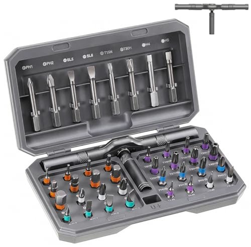 Set di cacciaviti magnetici a cricchetto 42 in 1, con 40 punte in acciaio S2, 1 manico principale e 3 manici combinati con scatola per elettronica, orologi, mobili e fai da te