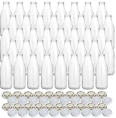 gouveo 40er Set Glasflasche für Saft mit Schraubdeckel in silberfarben und weiss - Saftflasche 1000 ml - Leere Flaschen für Saft, Limonade, Milch (SF1000SW)