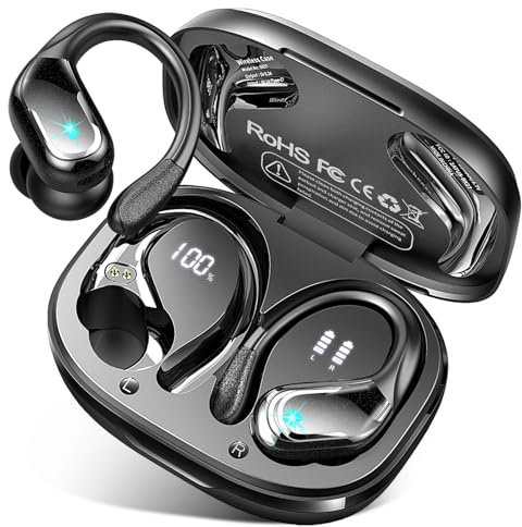 Rulefiss Wireless Earbuds, 75H Bluetooth 5.4 Headphones Sports with 4 ENC Mic, HD Stereo Noise Cancelling Ear Buds, Running Earphones with Earhooks, LED Display, IP7 Waterproof Headset for Gym Workout