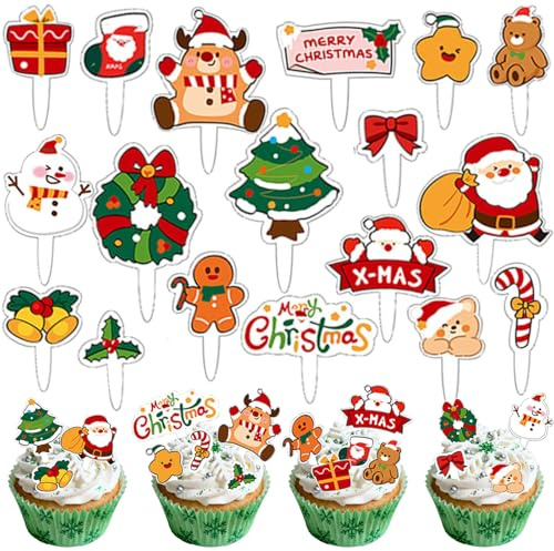 360 Stück Weihnachten Cupcake Toppers, Kuchen Topper & Zahnstocher Flaggen für Weihnachtsfeier,Inkl Weihnachtsmann, Muffins, Käseplatte & Cocktail Dekoration,18 Designs,Nicht Essbare