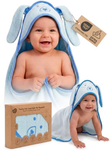 Badhandduk Baby Bambu Hooded Cape 89 x 89 cm (0–3 år) Mjukt och absorberande Badöverdrag Original Nyfödd Present till Pappor och Mammor Newborn Baby Essentials i Djurmönster (Blå)