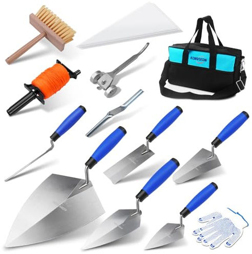 Konvixon 17PCS Masonry Hand Tools Set, Philadelphia/Margin/Gauging/Tuck Pointing/ 2 Pointing Trowels,Skate Wheel Joint Raker,Convex Brick Jointer,Masonry Brush,540ft String Line,5 Mortar Bags,Tool Bag