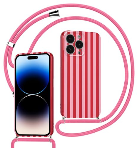 Kueqeay Handyband für iPhone 16 Pro 6,3'' Hülle mit Band Kette, Aesthetic Rosarot Gestreift Striped Motiv Verstellbarer Halskette Handyhülle mit Kordel zum umhängen Silikon Stoßfest Schutzhülle, 01