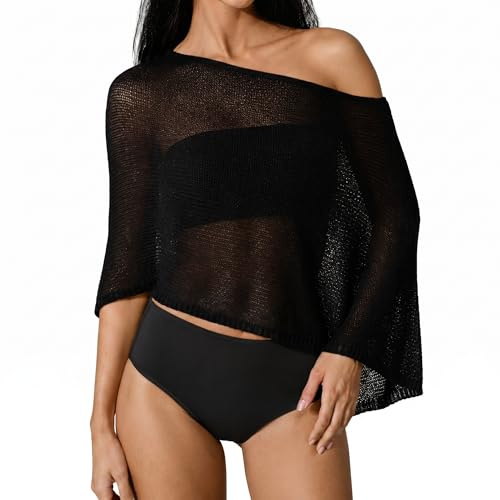 CBMZHF Poncho transparent pour femme, haut asymétrique, tendance, léger, été, une épaule, ample, bohème, plage, vacances, cape, haut court