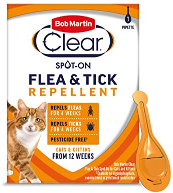Bob Martin Clear Spot On Flea and Tick Repellent for Cats and Kittens - Pesticide-Free Protection (1 Pipette)
