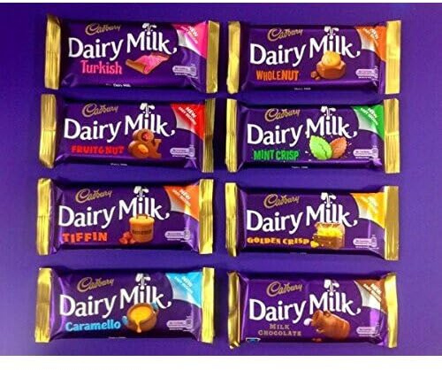 Irish Cadbury Dairy Milk Chocolate 8 Pack - Dairy Milk, Tiffin, Turkish Delight, Mint Crisp ,Golden Crisp, Fruit & Nut, Wholenut Bar and Caramello from Ireland