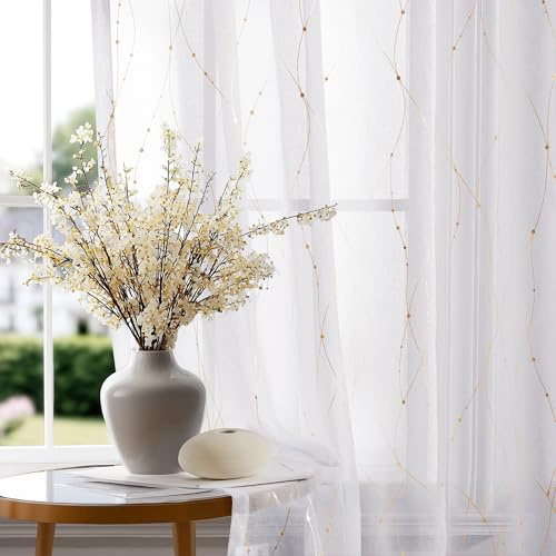 Deconovo Oeko-TEX Certified Sheer Foil Print Curtains – 2 Panels, Grommet Top – Elegant Light-Filtering Drapes for Living Room & Bedroom, Airy Privacy & Easy Care White & Gold Silver 52W x 96L Inch
